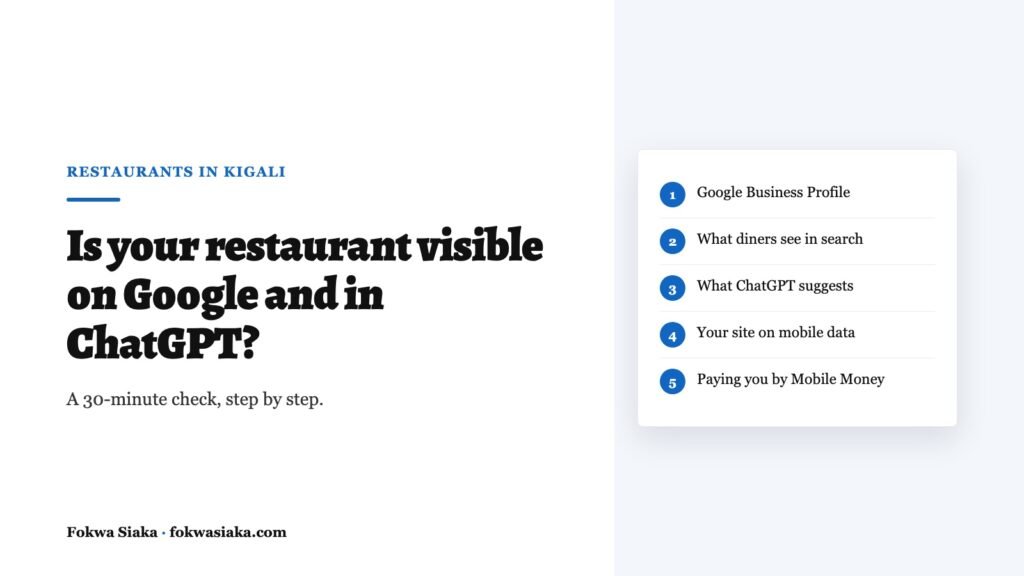 Five steps of a 30-minute visibility check for a restaurant in Kigali.